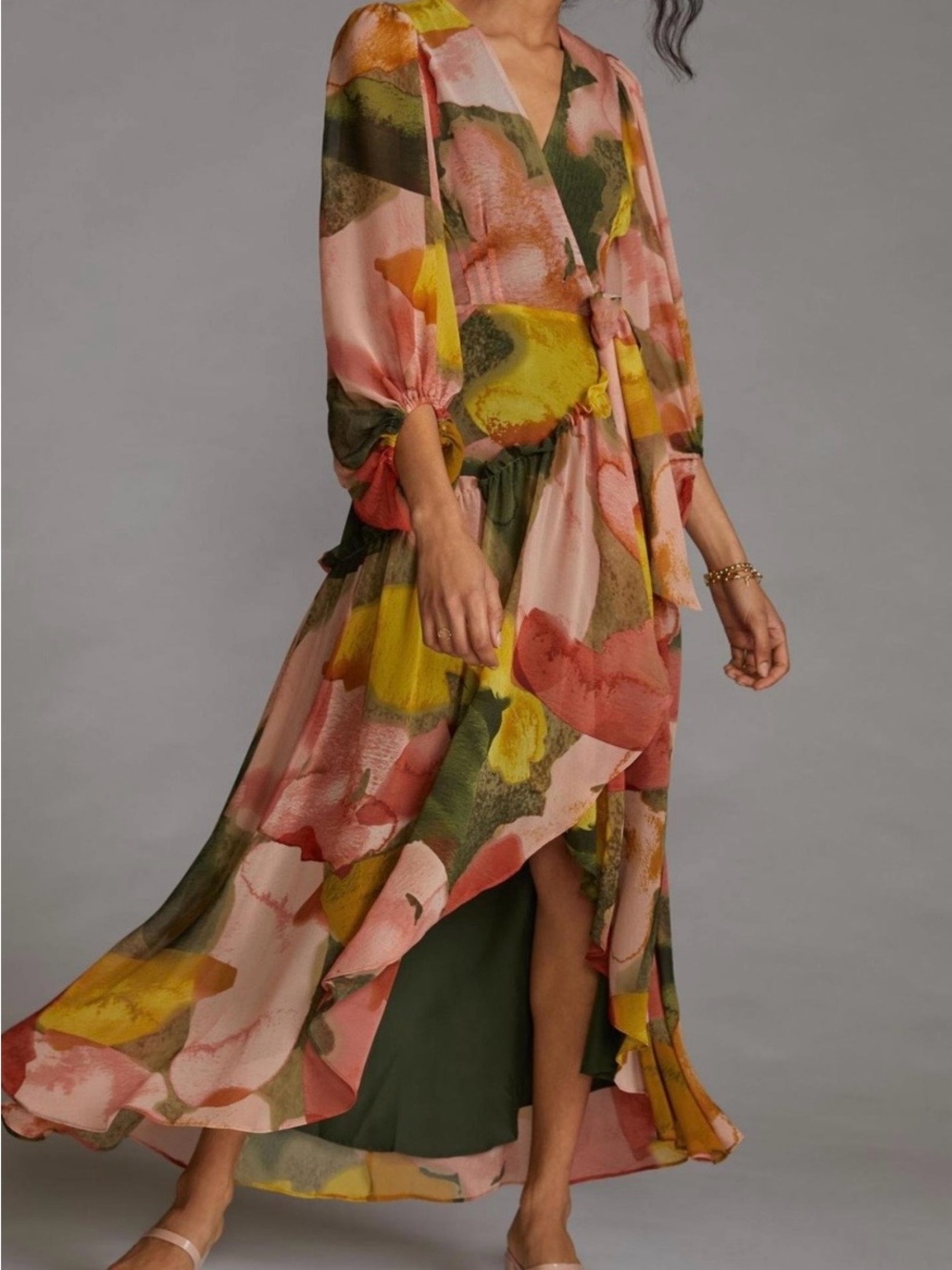 Hutch Abstract Watercolor Maxi Dress in Pink, Yellow & Olive